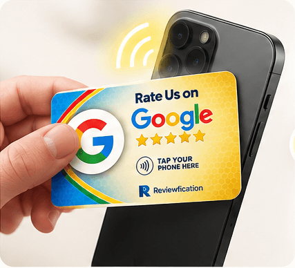 Customer tapping a phone on a Reviewfication NFC card